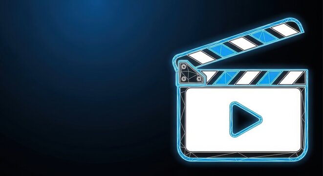 Cinematic clapperboard with play button symbol in neon blue lights, ready for action