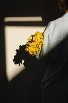 Person Holding A Bouquet Of Yellow Daffodils With Dramatic Sunlight And Shadows On The Wall
