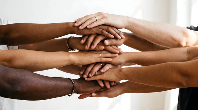 Diverse group of people stacking hands together to show unity and support