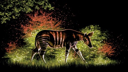 Naklejka premium Night Okapi Walking Under Fireflies in Grass