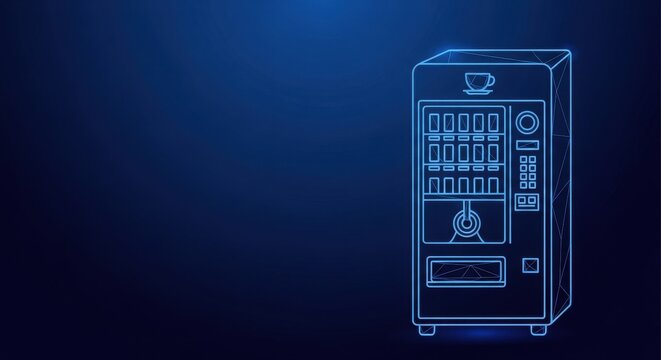 Modern coffee vending machine icon with beverage dispenser and cup on blue background, digital illustration