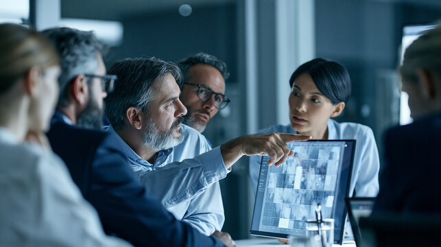 Investment committee in a small modern office reviewing how different asset classes behaved during a turbulent market period, one person pointing to a correlation matrix-style