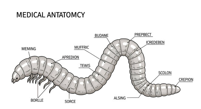 Medical anatomy diagram of a worm with labeled parts, ideal for educational and scientific publications and resources