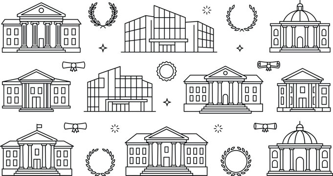University building college campus school library courthouse laurel wreath and diploma outline vector illustration set isolated on white