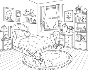 Cute Girls Bedroom Interior with Princess Theme  Black and White Line Art © Fajar art