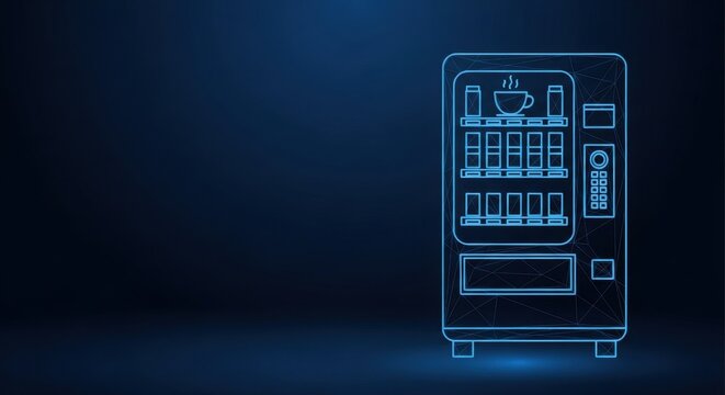 Modern beverage vending machine with digital interface and drink selection on a dark blue background