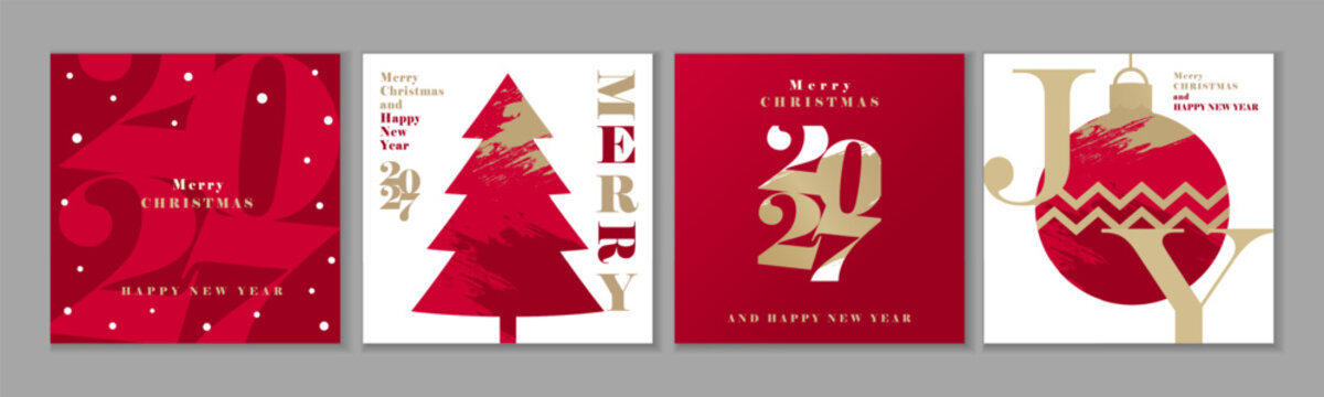 Merry Christmas and Happy New Year 2027 red colors modern greeting cards set. Vector template covers for New Year design or seasonal xmas banners