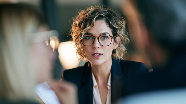 Close documentary-style portrait of a financial advisor listening while a client explains concerns about having too much money invested in one company, portfolio documents between