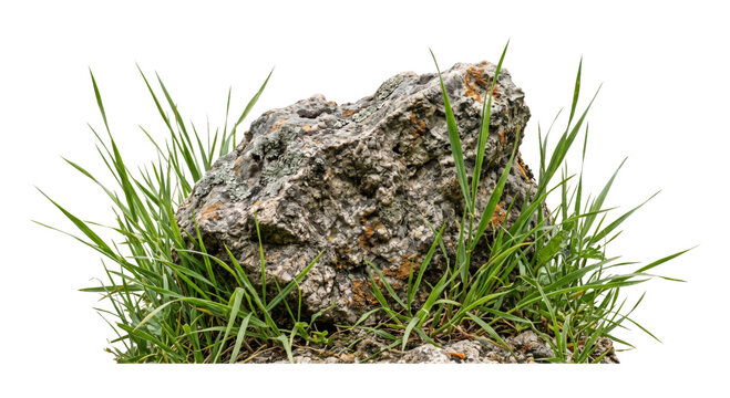 Rough granite boulder covered in lichen nestled amongst vibrant green grass