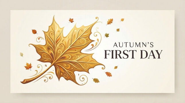 Autumn's first day greeting card illustration. Golden maple leaf vector art with decorative swirly patterns. Elegant fall season holiday greeting with typographic layout for seasonal designs.