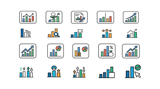 Business Analytics Dashboard Bar Graph Icons Collection, Financial Performance Charts, Marketing Statistics, Data Visualization, Growth Report Vector Illustration Set