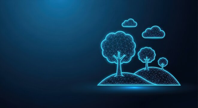 Stylized digital trees and clouds forming a vibrant nature landscape