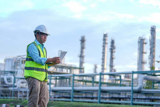 Engineer refinery tablet hardhat safety vest industrial plant worker checking equipment with focused expression near pipe tower railing and blue sky at petrochemical site
