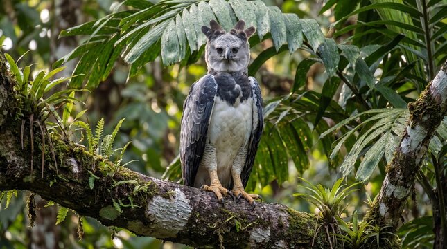 Harpy eagle sitting on thick tree branch surrounded by green tropical leaves