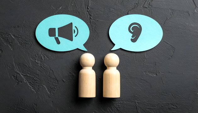 Two wooden figures beneath speech bubbles with megaphone and ear icons, symbolizing communication, announcements, listening, dialogue, and effective information sharing.