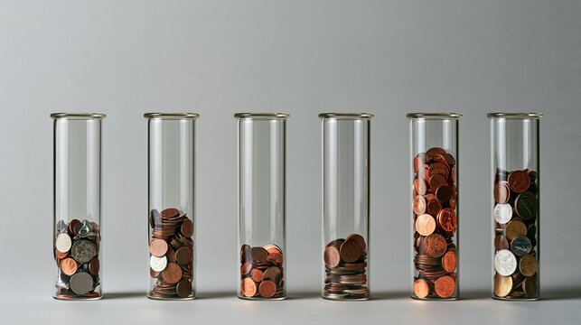 Conceptual studio image of several transparent containers representing different asset classes, capital tokens distributed unevenly at first and then balanced across containers,