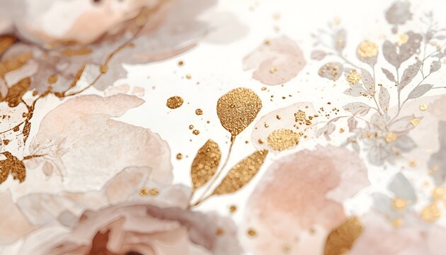 Ethereal Abstract Watercolor Floral Painting with Soft Pastel Washes and Organic Gold Splashes, Delicate Impressionist Botanical Artwork with Fluid Texture