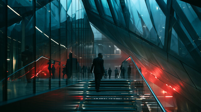 corporate professionals walking through a futuristic glass corridor, elegant business executives in a modern illuminated hallway, formal business people in a office interior
