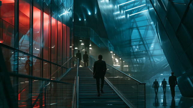 corporate professionals walking through a futuristic glass corridor, elegant business executives in a modern illuminated hallway, formal business people in a office interior