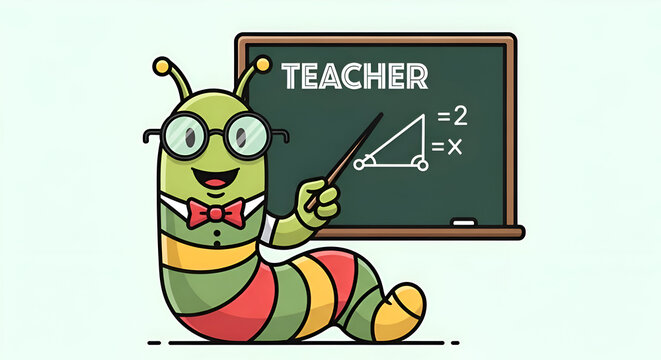 Friendly cartoon teacher worm explaining math equation on chalkboard, perfect for education, learning, and design projects