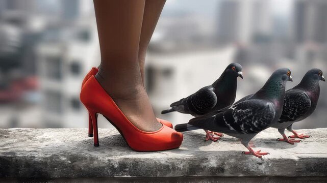 Woman in red high heels stands near pigeons on a ledge in a city setting during daytime