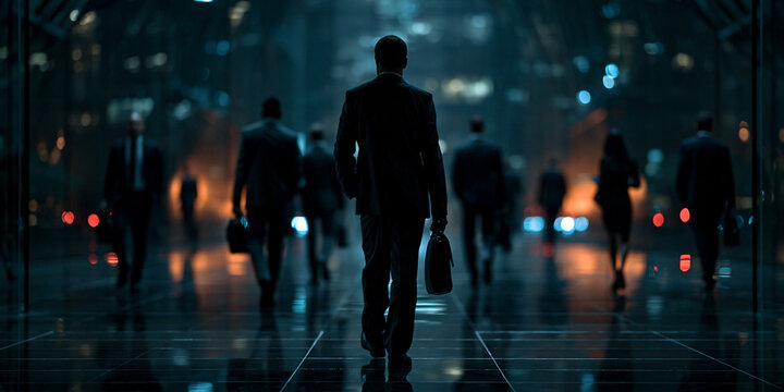 corporate professionals walking through a futuristic glass corridor, elegant business executives in a modern illuminated hallway, formal business people in a office interior