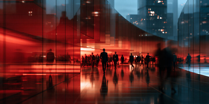 corporate professionals walking through a futuristic glass corridor, elegant business executives in a modern illuminated hallway, formal business people in a office interior