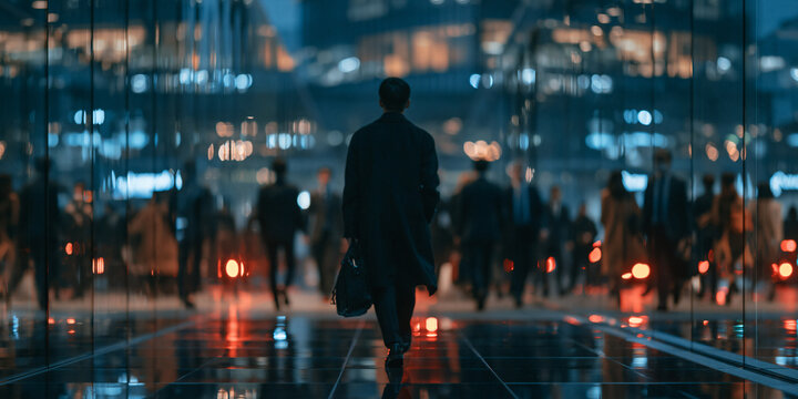 corporate professionals walking through a futuristic glass corridor, elegant business executives in a modern illuminated hallway, formal business people in a office interior