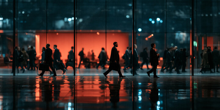 corporate professionals walking through a futuristic glass corridor, elegant business executives in a modern illuminated hallway, formal business people in a office interior