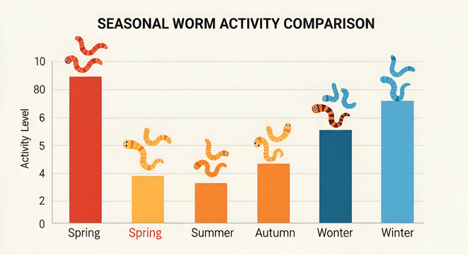 Seasonal worm activity comparison chart showing worm activity levels across spring, summer, autumn, and winter for educational or scientific use