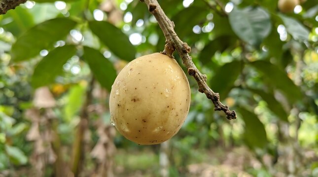 Light yellow langsat fruit hanging from a thin branch with bokeh background