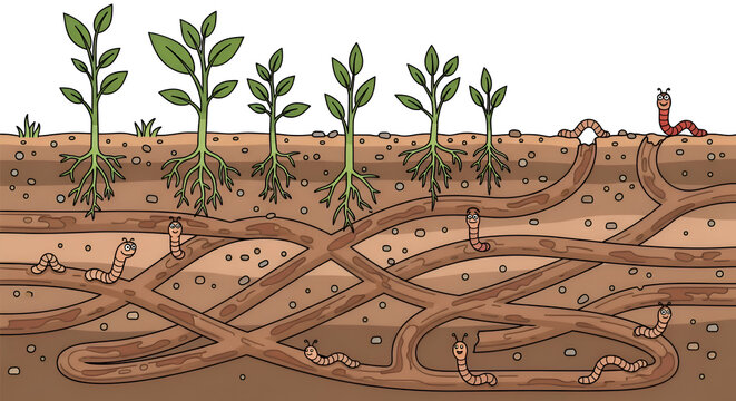 Whimsical cartoon of worms in soil, showing roots of plants and benefits of healthy earth, perfect for educational content