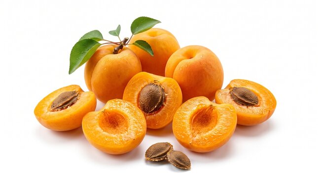 Fresh ripe apricots whole and half with leaves on white background