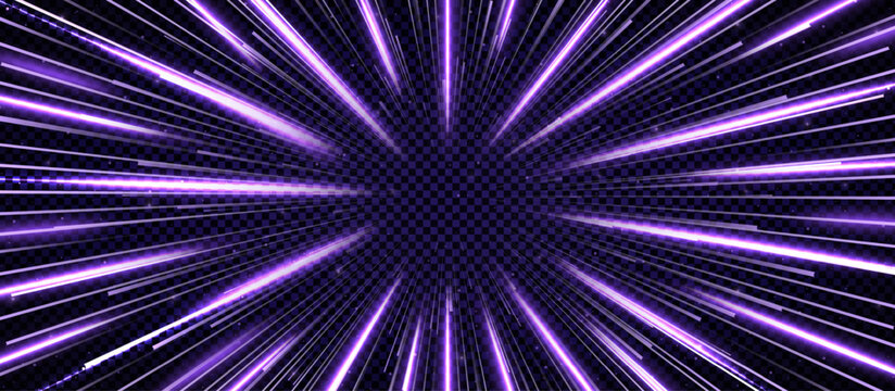 Realistic purple hyperspace travel tunnel overlay. Abstract with open space star warp. Speed of light journey concept. Vector illustration