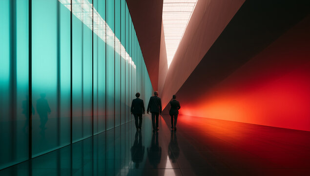 corporate professionals walking through a futuristic glass corridor, elegant business executives in a modern illuminated hallway, formal business people in a office interior