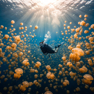 Scuba Diver Surrounded by Swarm of Jellyfish in Sunlit Ocean Waters