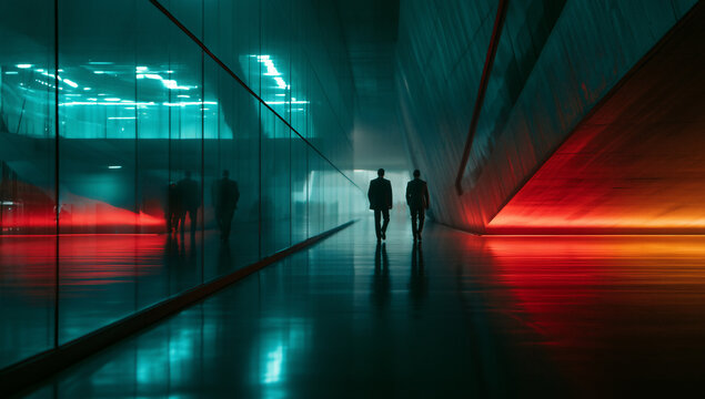 corporate professionals walking through a futuristic glass corridor, elegant business executives in a modern illuminated hallway, formal business people in a office interior