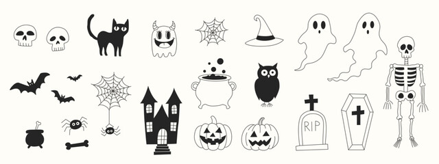 Obraz premium Halloween Doodle Clipart Set. Black and White Spooky Hand Drawn Icons and Illustrations