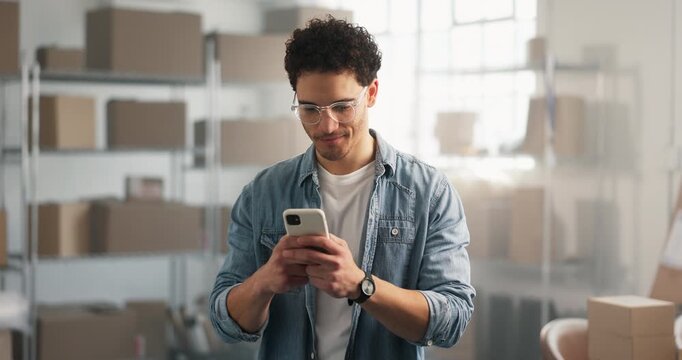 Smile, man or phone in small business for supply chain, shipping cost enquiry or digital invoice. Logistics, startup owner or texting on mobile for online receipt, delivery schedule or fleet tracking