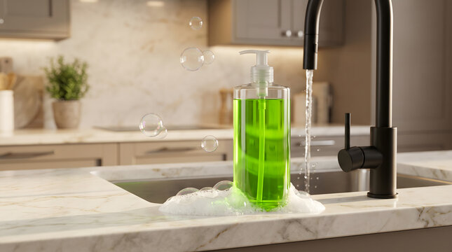 A green soap dispenser on a marble kitchen counter with bubbles and water flowing from a black faucet