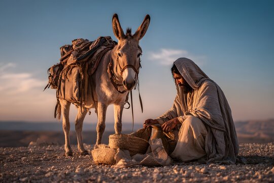 Historical traveling man with a donkey and supplies in the desert at sunset