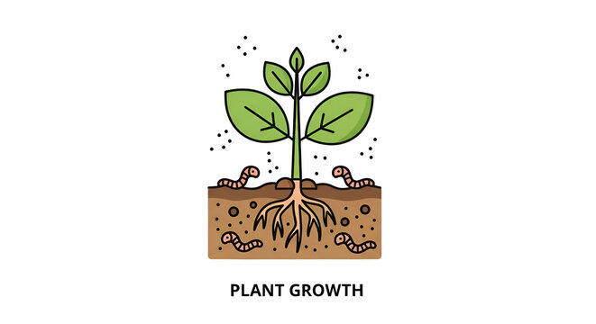Vibrant plant growth illustration with worms and roots, perfect for educational materials and environmental concepts.