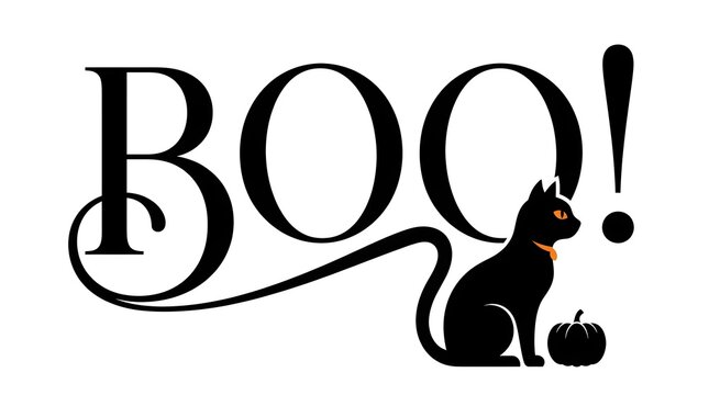 This spooky halloween illustration features a black cat sitting beside a pumpkin and the word 'boo ' in elegant script