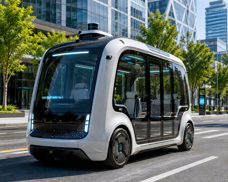 Modern self driving autonomous electric shuttle bus moving on a city street during the day with tall buildings and green trees in the background for urban transportation