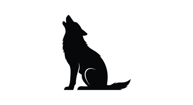 A howling wolf in a black silhouette against a white background silhouette