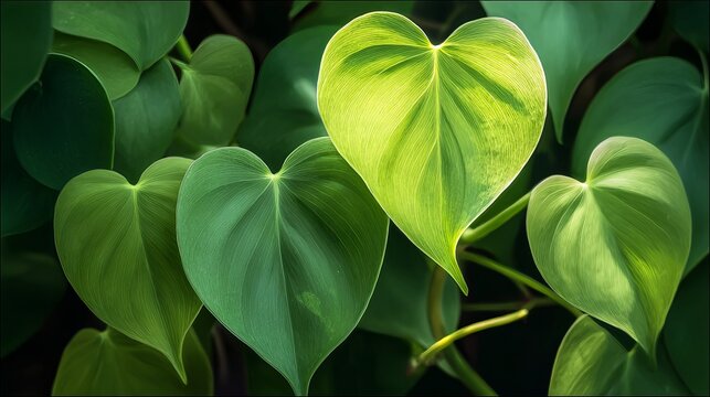 Vibrant green heart shaped philodendron leaves glowing in soft natural light creating a beautiful lush texture for botanical background patterns