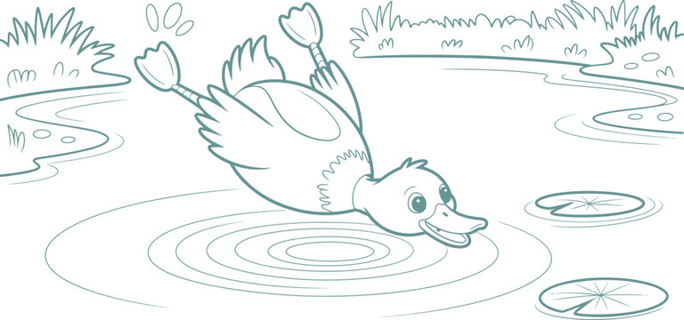 Coloring Book Page, Diving Duck Vector Illustration. Fun Outdoor Animal Activity. Kids Activity Material.