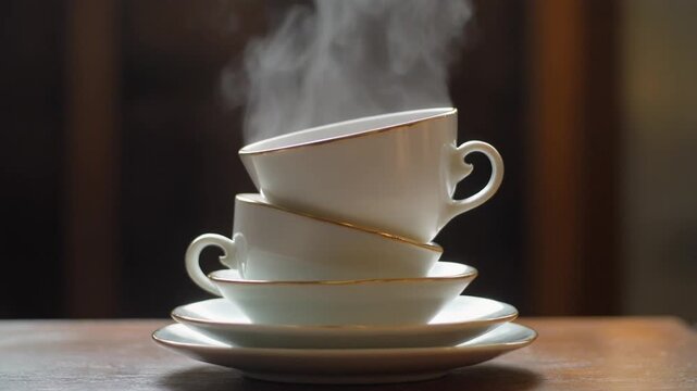 Steaming ceramic teacups and saucers are artfully stacked on a wooden surface, creating a warm and inviting visual that evokes comfort and relaxation during a cozy beverage break