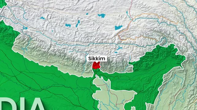 India Map Zooming In Highlighting Sikkim State Location in the Himalayas