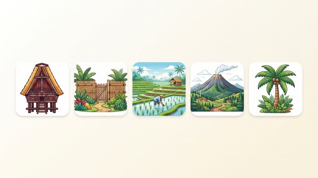 Indonesian cultural and natural landscape icons set